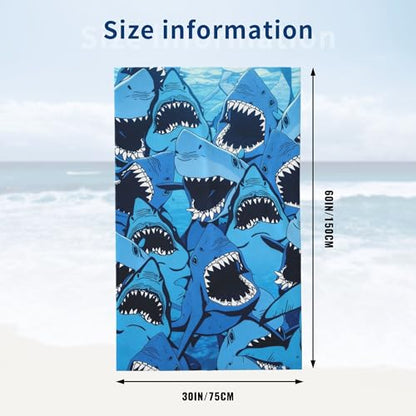 WIBUE Shark Microfiber Oversized Beach Towel, Lightweight Quick Dry Sandproof Towels 60”x30” for Swim Pool Yoga Gym Camping Beach Essentials Accessories Vacation Gift (Shark 1)
