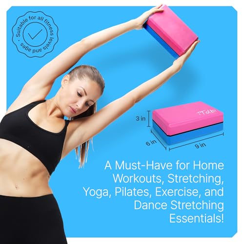 Yoga Blocks 2 Pack with Strap and Guide – Soft Non-Slip EVA Foam Blocks - color: Pink/Blue - Stretch Band Blue