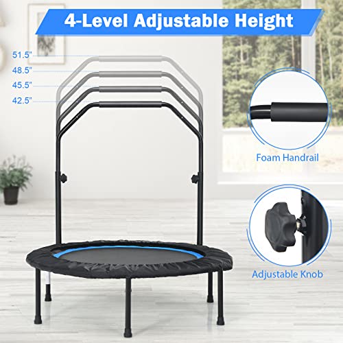 GYMAX Rebounder Trampoline for Adults, 40” Mini Exercise Trampoline with Height Adjustable Bar & Resistance Bands, 330LBS Foldable Workout Trampoline, Small Fitness Trampoline Indoor/Outdoor