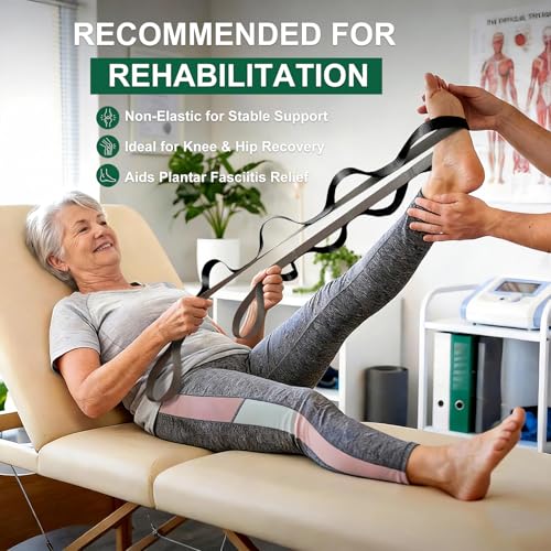 Stretching Strap with Loops,Non-Elastic Yoga Strap for Physical Therapy,Knee Replacement Recovery & Plantar Fasciitis,Leg Stretcher Band for Flexibility & Hamstring Rehab - color: Black