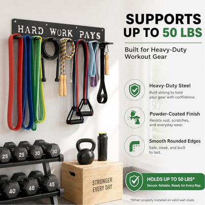 Home Gym Accessories Organization Storage Rack Equipment For Home 8 Hook Wall Hanger Display Gear Barbells Resistance Bands Jump Ropes Lifting Belt Hanger Accessories Hardware Included