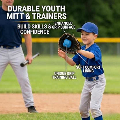 Pancake Glove Baseball Youth & Flat Gloves Softball Trainer with Agility Reaction Ball - Infield Mitt to Build Soft Hands (Ages 6-12, Right-Hand Throw)