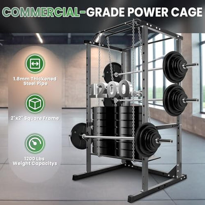 Space-Saving Power Cage for Small Home Gym, 1200 LBS Weight Capacity 2x2 Steel Squat Rack with Multi-Grip Pull Up Bar, Adjustable J-Hooks & Safety Bars for Full Body Workout, Smith Machine