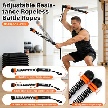 Weighted Ropeless Battle Ropes Adjustable Weight - Portable Cordless Battle Ropes for Home Gym with Workout Poster, Strength Building, HIIT & Low-Impact Cardio Training for Men & Women (Black)