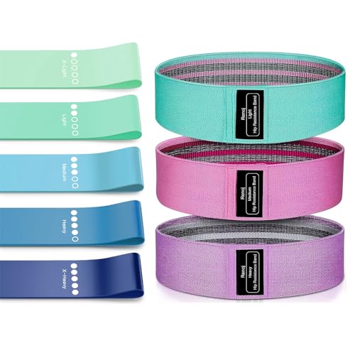 Bundle Set of 8 Resistance Bands for Workout, 5 Latex Exercise Bands and 3 Fabric Booty Bands with 2 Portable Bags