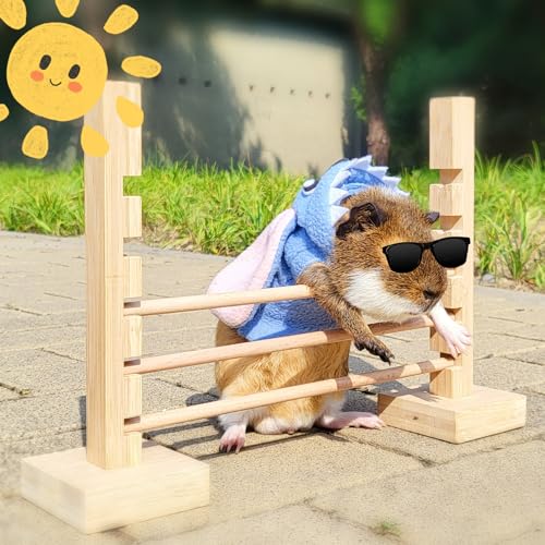 Guinea Pig Jump Bar Natural Wood Obstacle Game Activity Toys Set Adjustable Height Training Hurdles Exercise Small Animal Toys for Bunny Dwarf Rabbit Chinchilla (Wood)