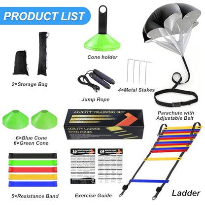Speed Agility Training Equipment Set, Agility Ladder 20ft, 12 Football Cones, Resistance Parachute/Soccer Kick Trainer, Jump Rope, 5 Resistance Bands, Football Practice Equipment for Kids Adults - color: Colorful Laddder Set