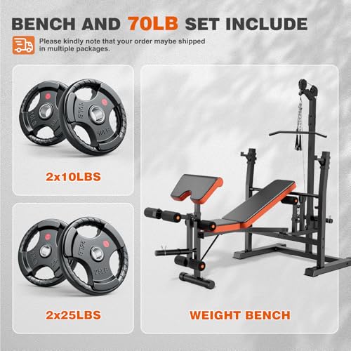 XDDIAS Weight Bench Set, 9 in 1 Olympic Weight Bench with LAT Pulldown and Rowing, 900LBS Bench Press Set with Leg Extension and Preacher Pad, Flat Incline Bench for Weight Lifting Full-Body Workout - color: Bench+70LBS plates