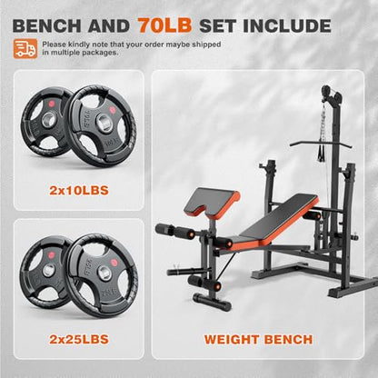 XDDIAS Weight Bench Set, 9 in 1 Olympic Weight Bench with LAT Pulldown and Rowing, 900LBS Bench Press Set with Leg Extension and Preacher Pad, Flat Incline Bench for Weight Lifting Full-Body Workout - color: Bench+70LBS plates