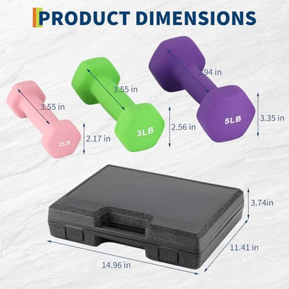 Neoprene Dumbbell Set for Women & Kids - Light Dumbbell Set (1/2/3, 2/3/5, 3/5/8, 5/10/15 LB) with Storage Plastic Case, Packed In Pairs, Set of Small Weights for Home, Living Room, Bedroom - size: 2+3+5 LBS