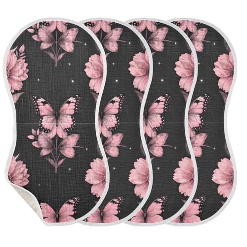 Butterfly Floral Pink Moon Muslin Burp Cloths 1 Pack - Extra Large 22"x11", 4-Layer Soft Absorbent Cotton, Waterproof Backing, Baby Drool Rags for Newborn