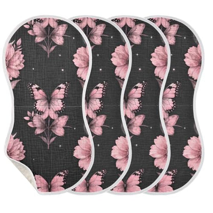 Butterfly Floral Pink Moon Muslin Burp Cloths 1 Pack - Extra Large 22"x11", 4-Layer Soft Absorbent Cotton, Waterproof Backing, Baby Drool Rags for Newborn