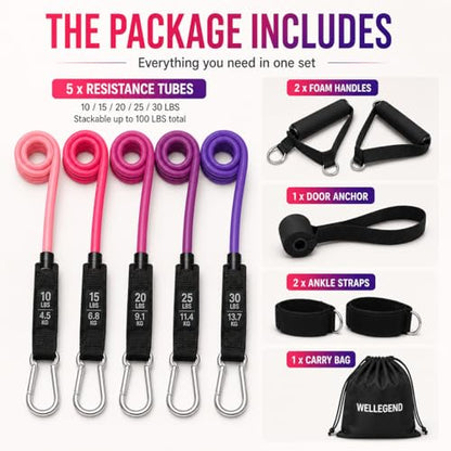 Resistance Bands Set with Handles, Door Anchor & Ankle Straps, 100 lbs Stackable Exercise Bands, 5 TPE Resistance Tubes for Home Workout, Strength Training, Yoga & Pilates