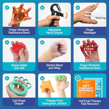 Theravio Pro Hand Therapy Kit with Grip Strength Trainer, Finger Strengthener, Hand Exercise balls For Arthritis, Hand Exerciser For Carpal Tunnel, Hand Gripper Strengthener For Physical Therapy - size: Theravio Pro Kit