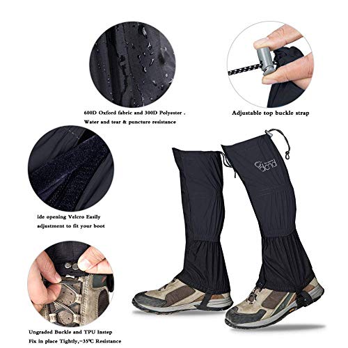 Leg Gaiters Waterproof Snow Boot Gaiters for Snowshoeing, Hiking, Hunting, Running, Motorcycle Anti-Tear Oxford Fabric, TPU Instep Belt Metal Shoelace Hook for Outdoor