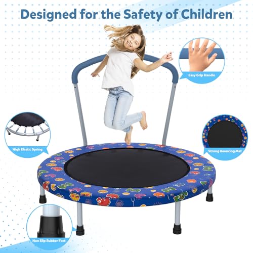 36"/55" Trampoline for Kids, Mini Toddler Trampolines Indoor with Basketball Hoop & Safety Enclosure Net, No-Gap Safe Desian for Boys Girls Ages 1-8 - color: Deep Blue, style: 36" with Handle
