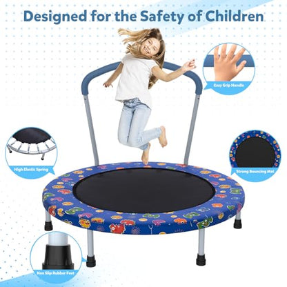 36"/55" Trampoline for Kids, Mini Toddler Trampolines Indoor with Basketball Hoop & Safety Enclosure Net, No-Gap Safe Desian for Boys Girls Ages 1-8 - color: Deep Blue, style: 36" with Handle