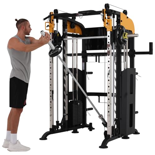 3061B Smith Machine with Adjustable Lever Arms, 2:1 Pulley Ratio All-in-One Home Gym System, Commercial Grade Squat Rack with Dual 440lbs Weight Stacks & Attachment (Safe Solo Training)