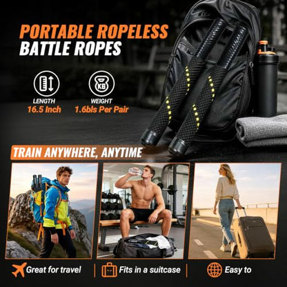 Ropeless Battle Ropes for Home Gym - Portable Cordless Battle Rope with Storage Bag, Non-Slip Handle, Low-Impact Cardio Fitness Gear for Men & Women Full Body Exercise & Arm Strength - Black - style: 1.5IN-Ropeless Battle Ropes