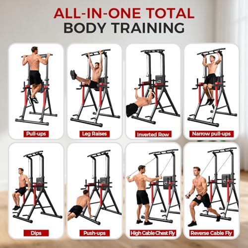 Power Tower Pull Up Bar Free Standing - 13-Level Adjustable Height Dip Station with X-Frame Stability, Multi-Grip Handles, Backrest, Anti-Slip Foot Pads - Home Gym Strength Training Equipment - color: Black Red