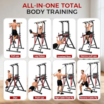 Power Tower Pull Up Bar Free Standing - 13-Level Adjustable Height Dip Station with X-Frame Stability, Multi-Grip Handles, Backrest, Anti-Slip Foot Pads - Home Gym Strength Training Equipment - color: Black Red