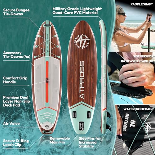 11'6"x35" Inflatable Paddle Board, 450lbs Extra Wide Stand Up Paddleboard for Adults with Premium SUP Accessories Kit & Backpack, Blow Up Kayak Non-Slip Stable Deck Boat for Yoga Fishing Surf - style: Wooden