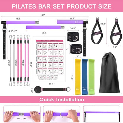 Pilates Bar Kit with Resistance Bands,Pilates Bar with Stackable Bands Workout Equipment for Legs,Hip,Waist and Arm,Exercise Fitness Equipment for Women & Men Home Gym Yoga Pilates - color: Violet