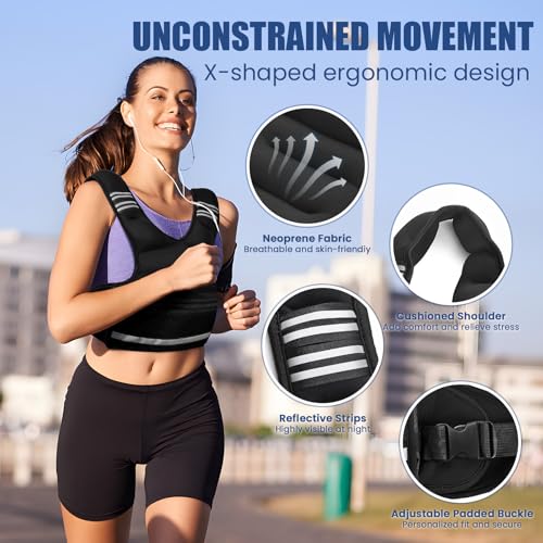 Adjustable Weight Vest for Men & Women, 4-10LBs/11-20LBs with 6 Weight Pags, Pockets & Reflective Strip for Running, Strength Training, Fat Loss & Body Sculpting