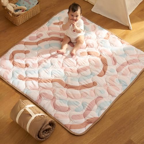 Momcozy Baby Play Mat for Floor, 50"x50" Thickened Playpen Mat, Playmate for Baby Tummy Time, Waterproof & Non-Slip, Foldable Outdoor Mat with Carrying Handle, Crayon