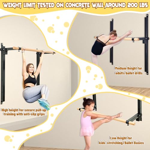 Ballet Barre Wall Mount, 4ft/5ft, Adjustable Height for Home，Solid Beech Wood Bar,Steel Brackets,Foldable Design,Stretch & Workout Equipment,for Adults Kids Studio Gym