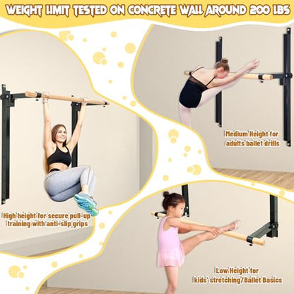 Ballet Barre Wall Mount, 4ft/5ft, Adjustable Height for Home，Solid Beech Wood Bar,Steel Brackets,Foldable Design,Stretch & Workout Equipment,for Adults Kids Studio Gym