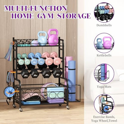 Dumbbell Rack, VOPEAK Adjustable Weight Rack for Home Gym, Home Gym Storage Rack for Yoga Mat Kettlebells and Strength Training Equipment, Weight Storage Rack for Dumbbells with Wheels