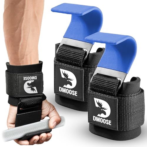 DMoose Fitness Weight Lifting Hooks (Pair) for Deadlifts, Pull Ups, Rows & Shrugs - Anti-Rip Nylon Strap Hand Grips with Thick Wrist Padding - Heavy Duty Wrist Straps for Weightlifting & Gym Workouts - color: Blue