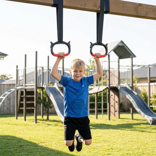 Gymnastics Rings, Children's Home Gym Equipment, Children's Adjustable Strap Strength Training Rings (Red)