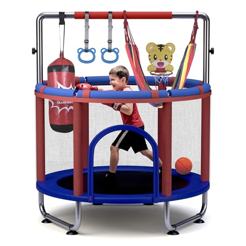 Trampoline for Kids 55inch Toddler Mini Small Trampoline Outdoor Indoor Basketball Hoop, Swing, Gift for Baby, Toddlers & Kids Ages 3-6 - color: Blue+Red