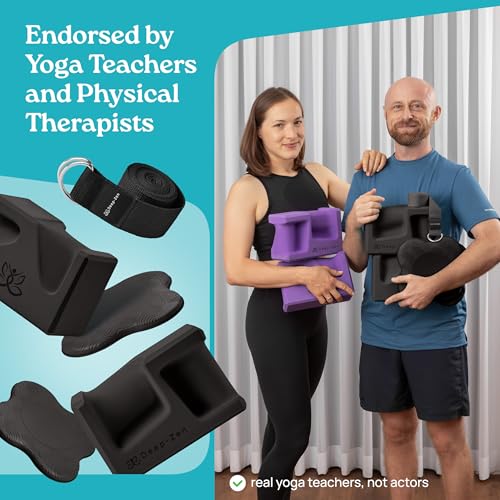 PRO Yoga Blocks | Ergonomic Yoga Block 2 Pack for Wrist Comfort and Support | EVA Foam Exercise Blocks, 2x Knee Pads & Yoga Strap | Pilates Block Set | Bricks to Eliminate Wrist Pain - color: Black