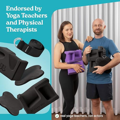 PRO Yoga Blocks | Ergonomic Yoga Block 2 Pack for Wrist Comfort and Support | EVA Foam Exercise Blocks, 2x Knee Pads & Yoga Strap | Pilates Block Set | Bricks to Eliminate Wrist Pain - color: Black