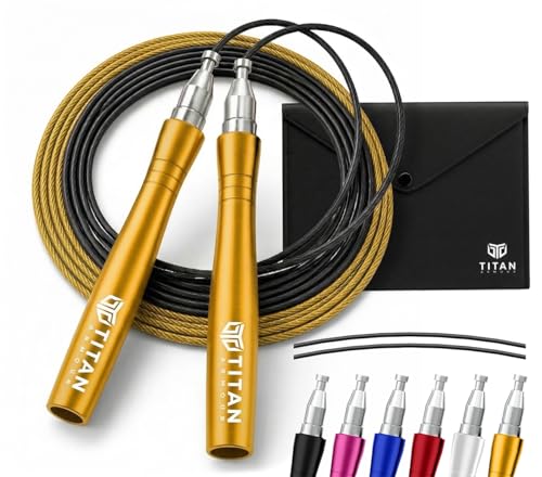 Titan Armour® Speed Rope - Professional Self-Locking & Adjustable, Adult Speed Jump Ropes for Fitness | 2 x Steel Ropes, Cable Protector & Travel Case | Jump Rope Crossfit, Boxing, Fitness MMA for Men & Women - color: Golden