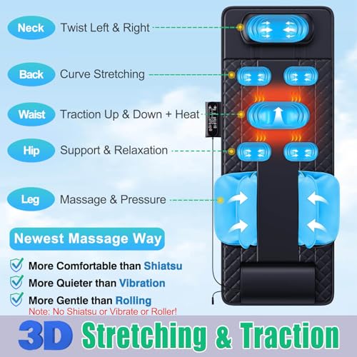 Full Body Massage Mat with Heat, 3D Stretching Back Massager Pad for Bed Sofa Floor, Lumbar & Neck Support, 4 Modes 3 Intensities 3 Heat Levels, Portable & Foldable, PU Leather, Gift for Dad/Mom