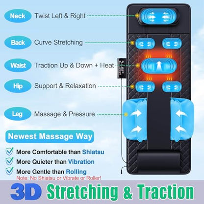 Full Body Massage Mat with Heat, 3D Stretching Back Massager Pad for Bed Sofa Floor, Lumbar & Neck Support, 4 Modes 3 Intensities 3 Heat Levels, Portable & Foldable, PU Leather, Gift for Dad/Mom