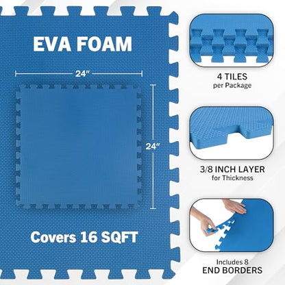 EVA Foam Mat Tiles 4-Pack - 16 SQ FT of Interlocking Padding for Garage, Playroom, or Gym Flooring - Exercise Mat or Baby Playmat by Stalwart (Blue)