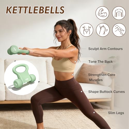 HTQ Adjustable Dumbbell Set for Women, 2-17LBS Total Plate Weight Home Workout Equipment with Kettlebell, Wrist Weights, Resistance Tube, Jump Rope, Pink/Green Free Weights Set for Women at Home - color: Green