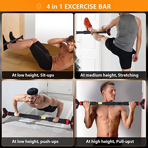Pull Up Bar for Doorway, Strength Training Upper Body Workout Chin Up Bar with Level Meter and Adjustable Width No Screw Installation for Home Gym Exercise Fitness Black and Red