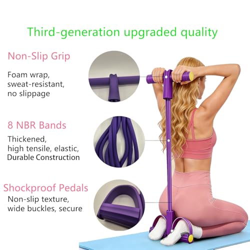 Pedal Resistance Band with Handles, 8-Tube Foot Exercise Band for Home Workout, Full Body Fitness Pull Rope for Abs, Arms, Legs, Non-Slip Foam Grips, 2 Pack