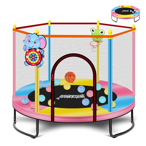 Mini Trampoline for Kids & Toddlers, Ages2-10 | Indoor & Outdoor, with Safety Enclosure Net, Basketball Hoop & Ocean Balls, Birthday Gift for Boy,Girl - color: Blue+Yellow+Pink
