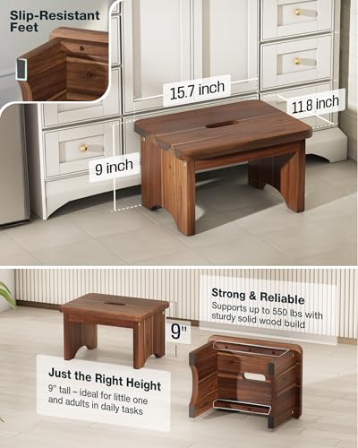 Wooden Step Stool, 9in One Step Stool for Adults, Wooden Beside Step Platform with 550 Load Capacity, Heavy Duty/Portable/Nonslip/Durable Construction Safe Step Support for Bedroom/Home Kitchen