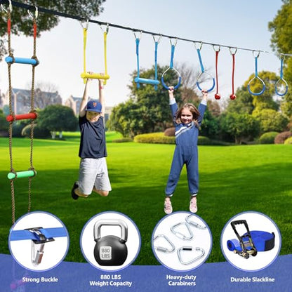 Ninja Warrior Obstacle Course for Kids,2×56ft Slackline Kit with 10 Ninja Accessories - Monkey Bar,Rope Ladder,Gymnastic Ring,Arm Trainer and Monkey Fist+Fast-Setup Buckles,Supports 880 lbs