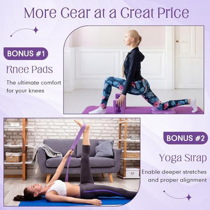 Yoga Blocks 2 Pack for Wrist Relief,Yoga Block with Knee Pads Strap - color: Purple