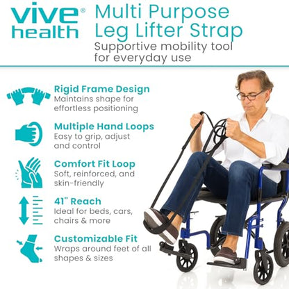 Vive Proflex Strap - Physical Therapy Leg Lifter Assist with Nylon Webbing for Recovery, Stretching - Loop with Hand Grips - Lift Foot, Calf - Rigid for Elderly, Handicapped, Injury, Car and Bed