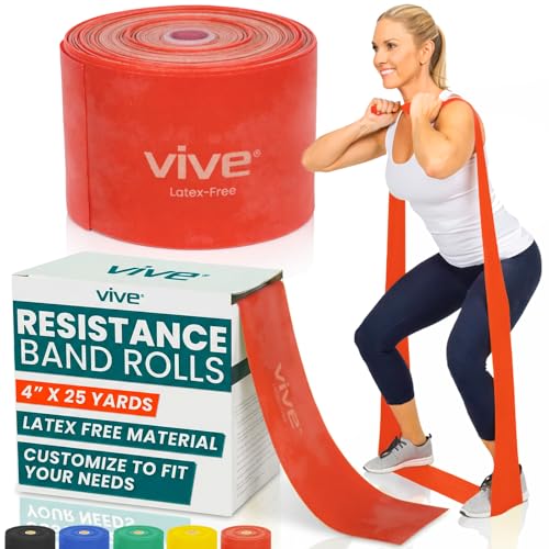 Vive Professional Resistance Bands - 25 Yard Non-Latex Roll for Physical Therapy, Lower and Upper Body Exercise Workout - Straight Elastic for Strength Training, Rehabilitation, Women, Men - color: Red